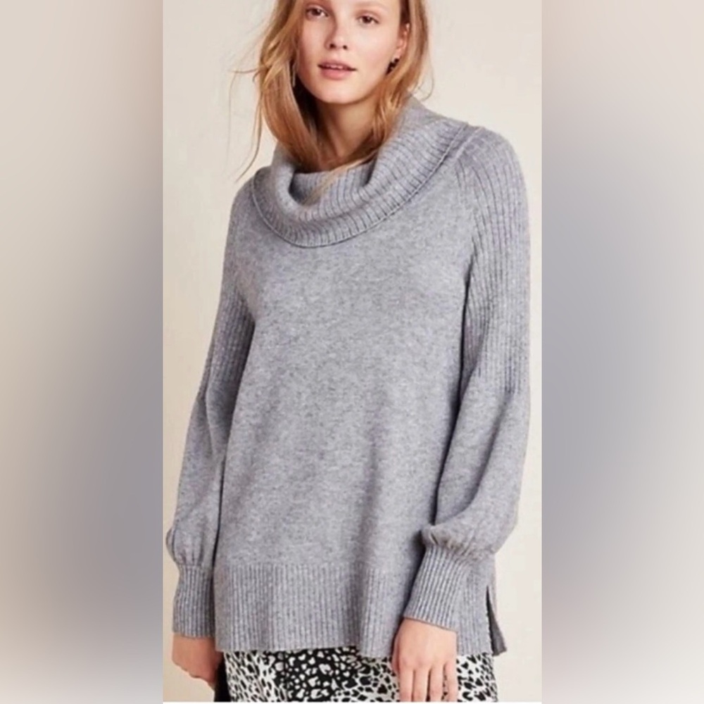 Anthropologie Soft Gray Cowl Neck Sweater with Ribbed Details - Medium
